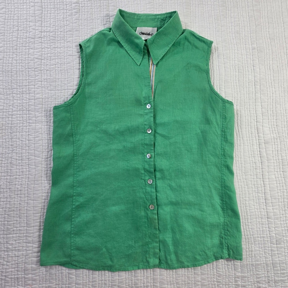 David N 100% Hanky Linen Sleeveless Button Down Green Womens Large EUC Fitted